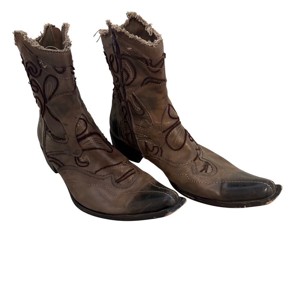 Aldo Mens Brown Leather Embroidered Western Pointed Toe Ankle Boots Size 43/ 10